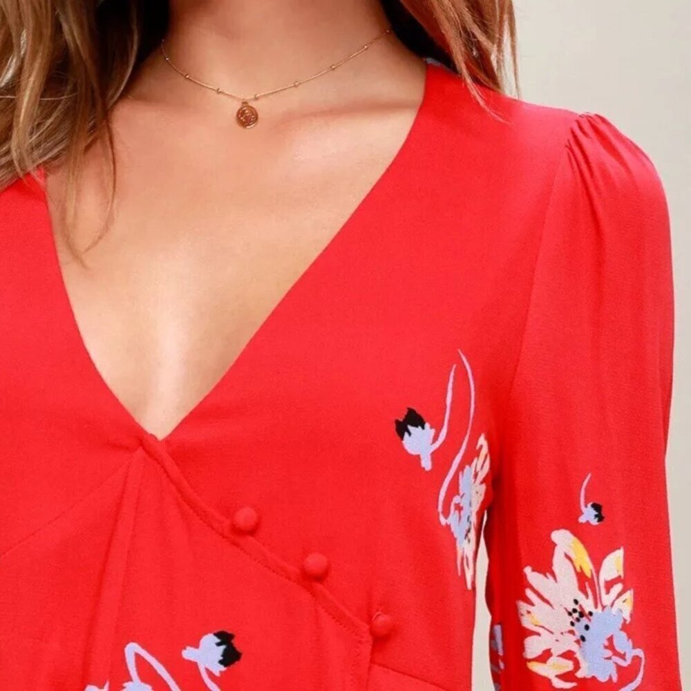Free People Time On My Side Red Floral Print Wrap Mini Dress - 35555 - Picture 2 of 14